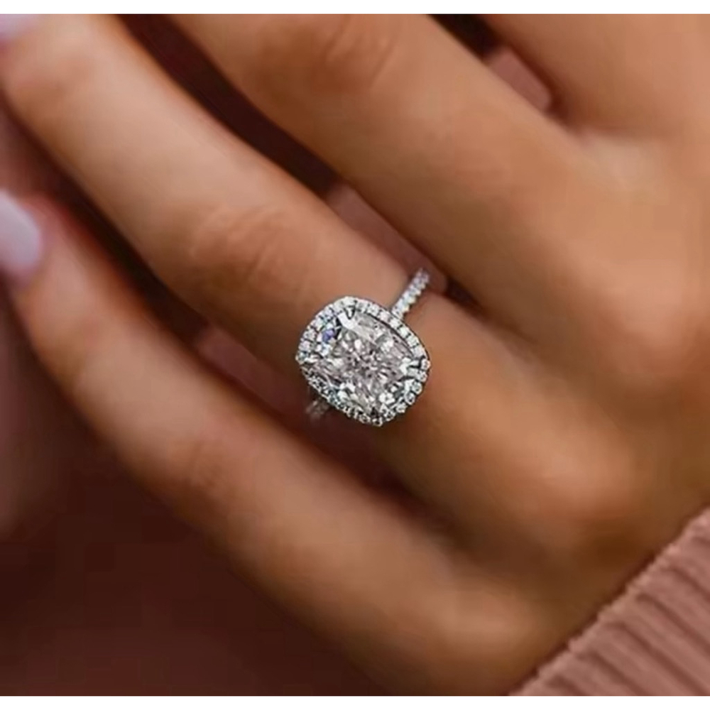 6ct Cushion Cut Halo Engagement Ring | 925 Sterling Silver Platinum - Picture 3 of 16
